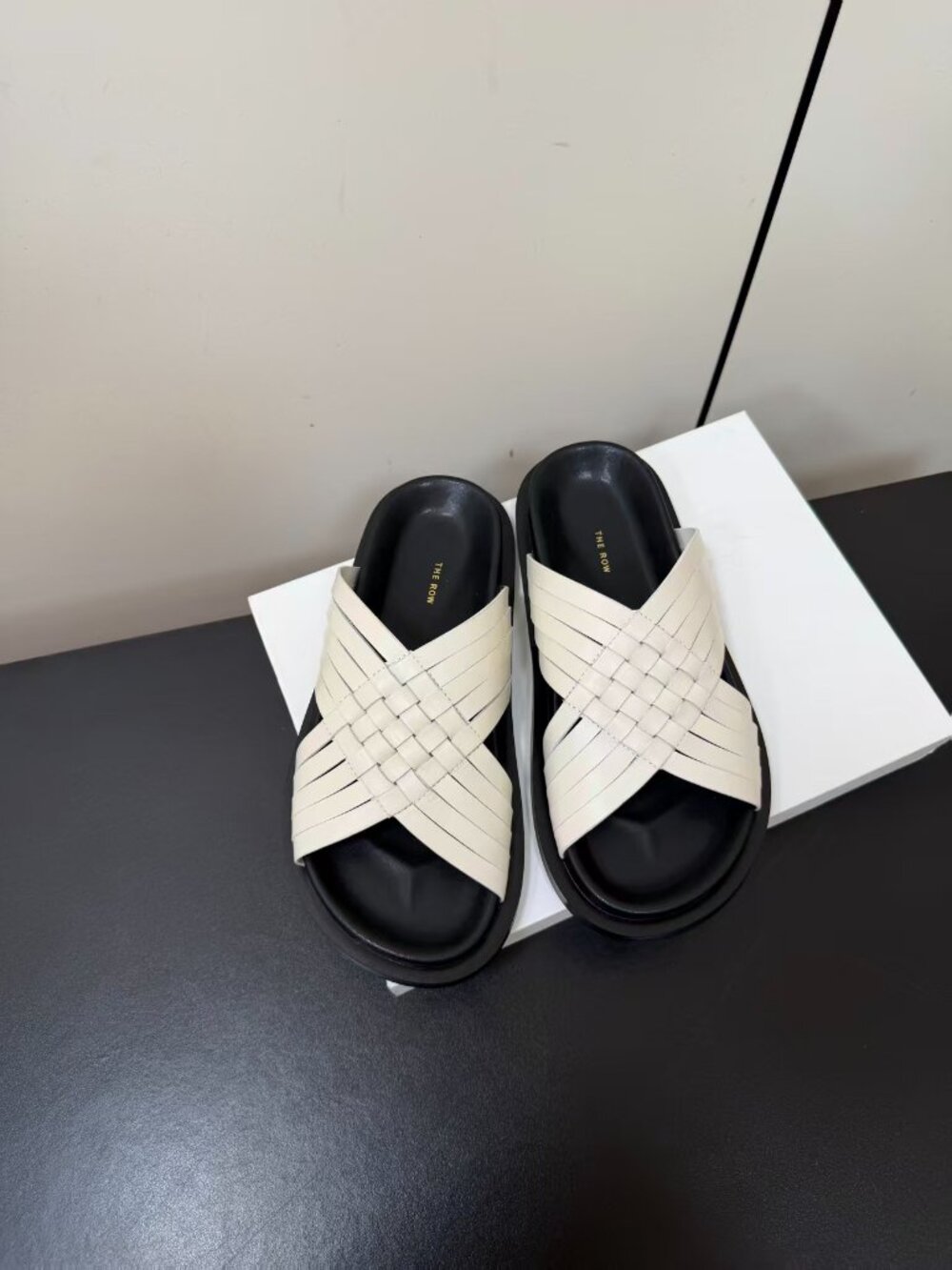 The Row Off‑White Woven Crisscross Strap Slip‑On Slide Sandals
